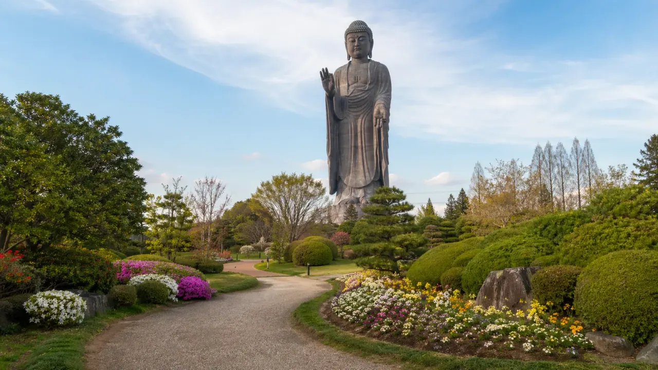 茨城県牛久市の牛久大仏と浄土庭園を歩く散歩ガイド。大きな仏像を眺めながら、庭園、花、広い園路を無理なく回る日帰りコースです。