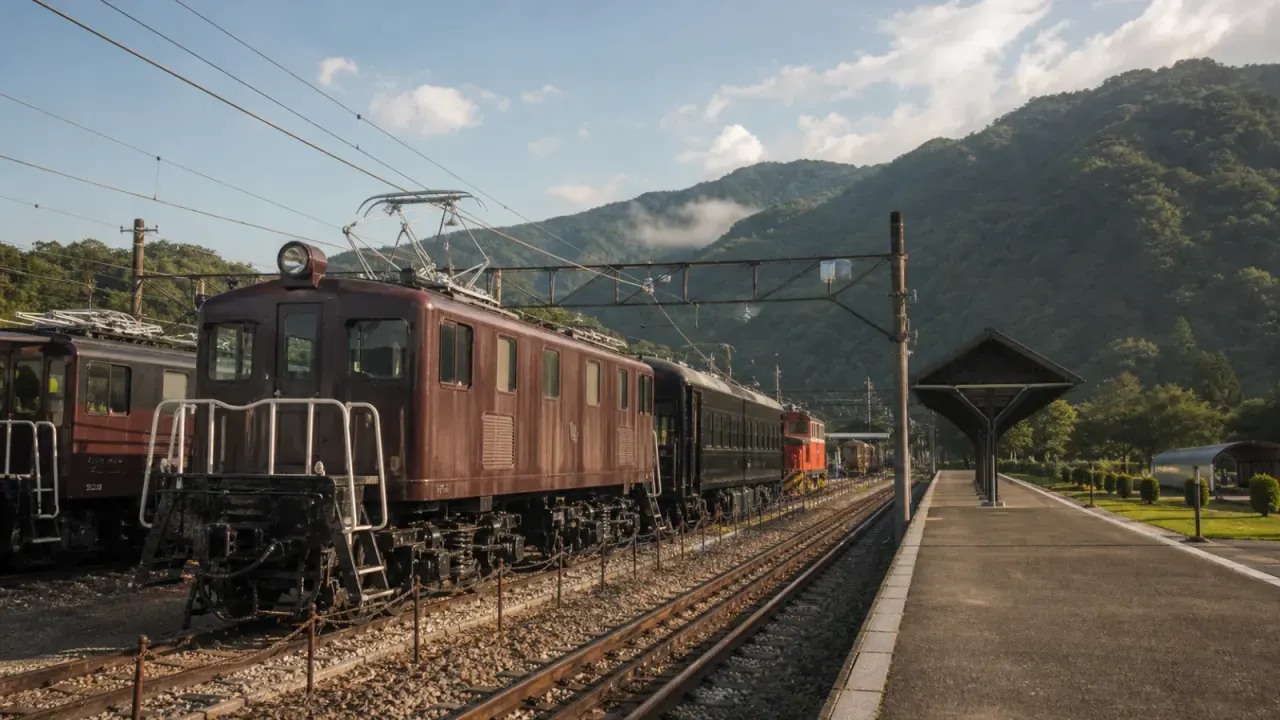 碓氷峠鉄道文化むらの展示車両、線路、山並みをイメージしたカバー画像
