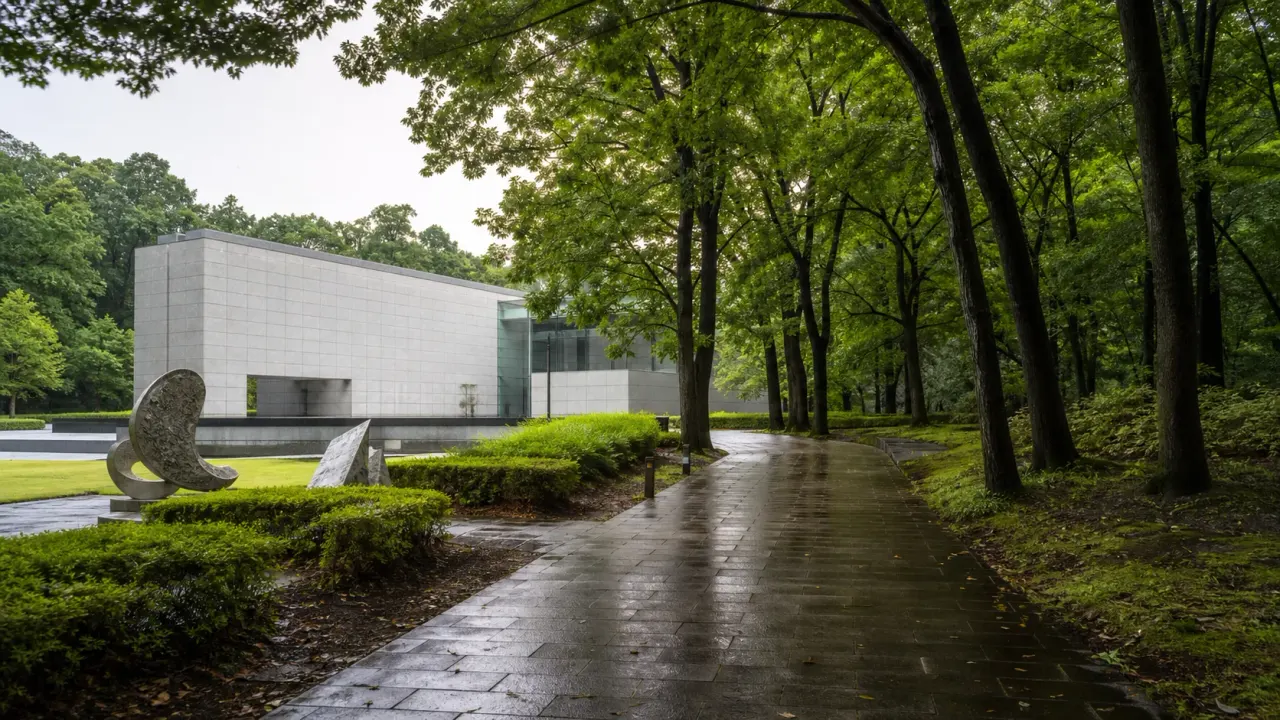 宇都宮美術館とうつのみや文化の森を思わせる、雨上がりの森と美術館の遊歩道
