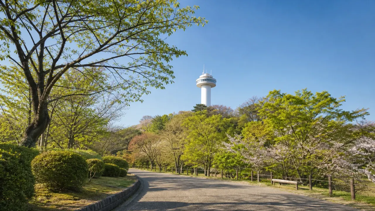 街なかの丘陵公園と展望塔の雰囲気を表したイメージ画像