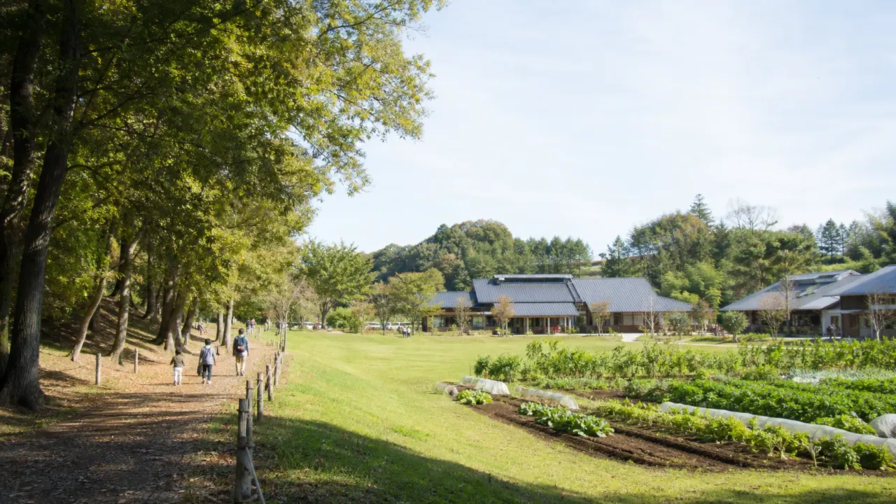 広い芝生と里山の緑、道の駅の建物を思わせる宇都宮ろまんちっく村散歩のイメージ画像