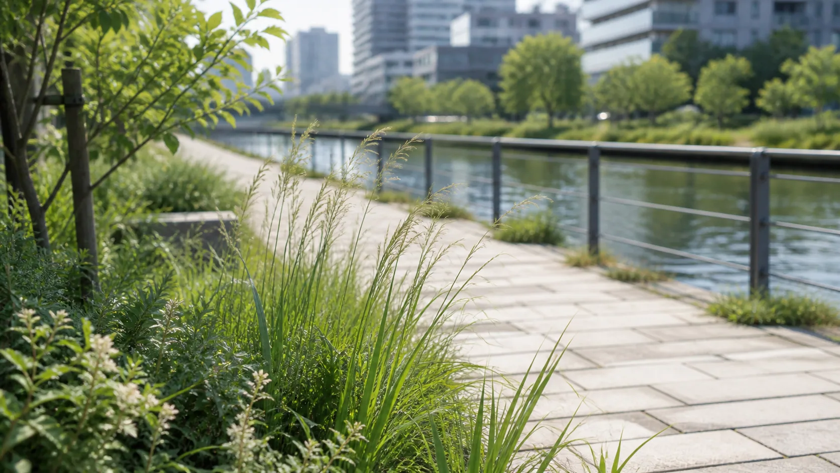 運河沿いの植栽と通路の近景のイメージ