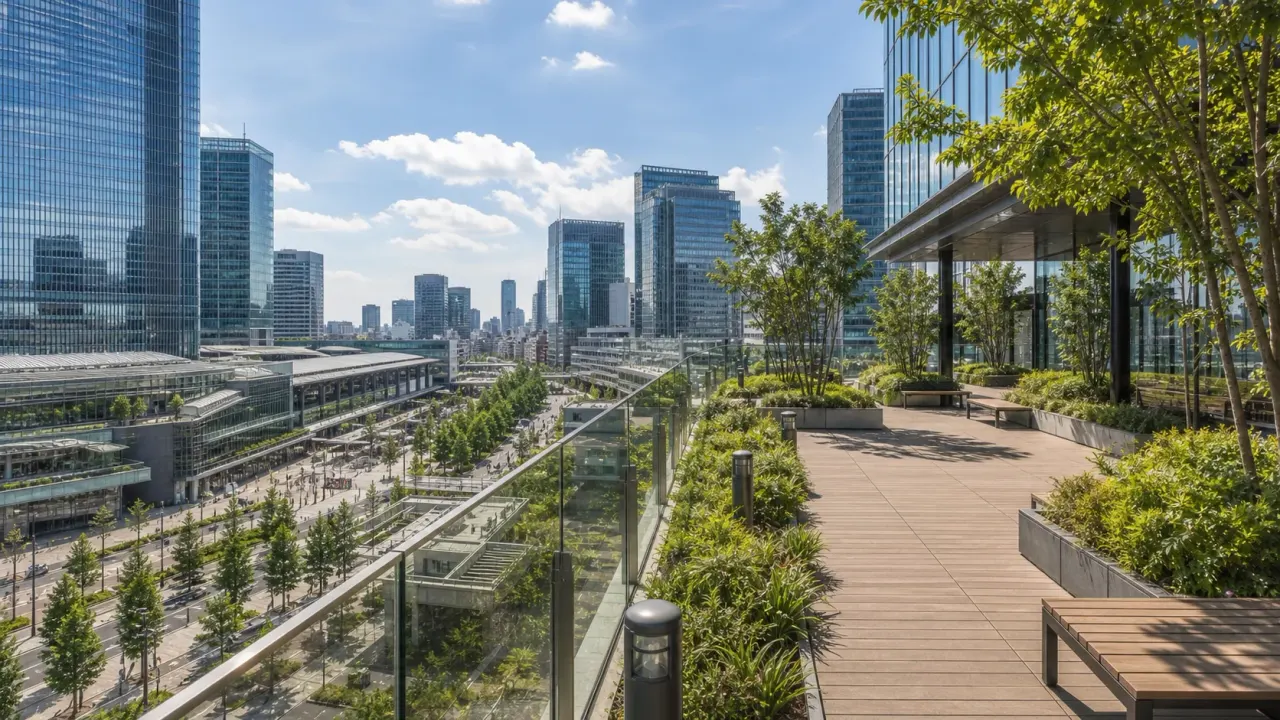東京駅八重洲口を見渡す高層ビルの5階テラスと植栽のイメージ