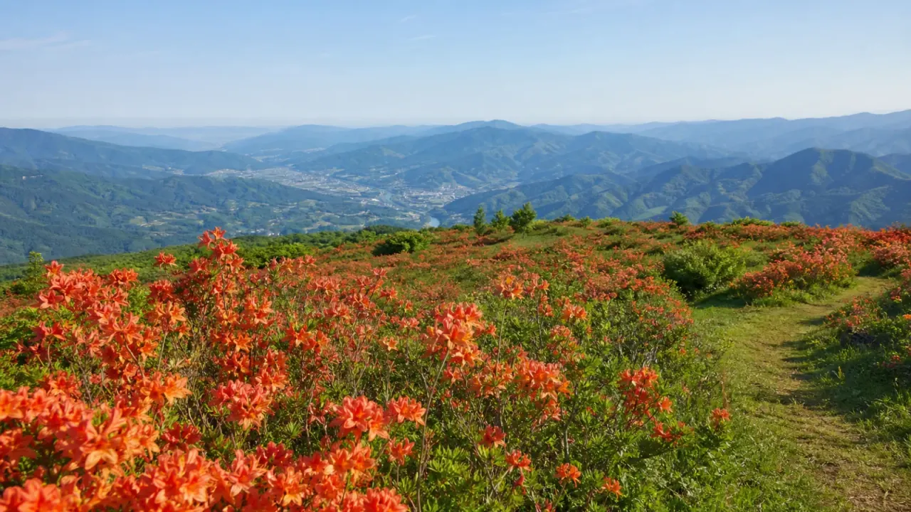 高原の展望台近くにレンゲツツジが咲き、山並みと街を見渡す八方ヶ原大間々台の雰囲気を描いたイメージ画像