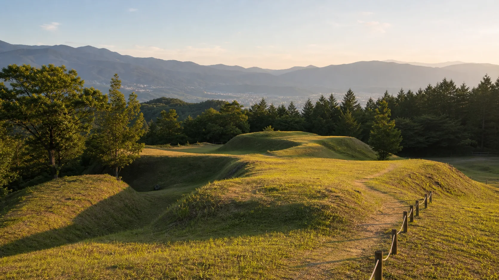 夕方の光を受ける芝生の曲輪と山並みのイメージ