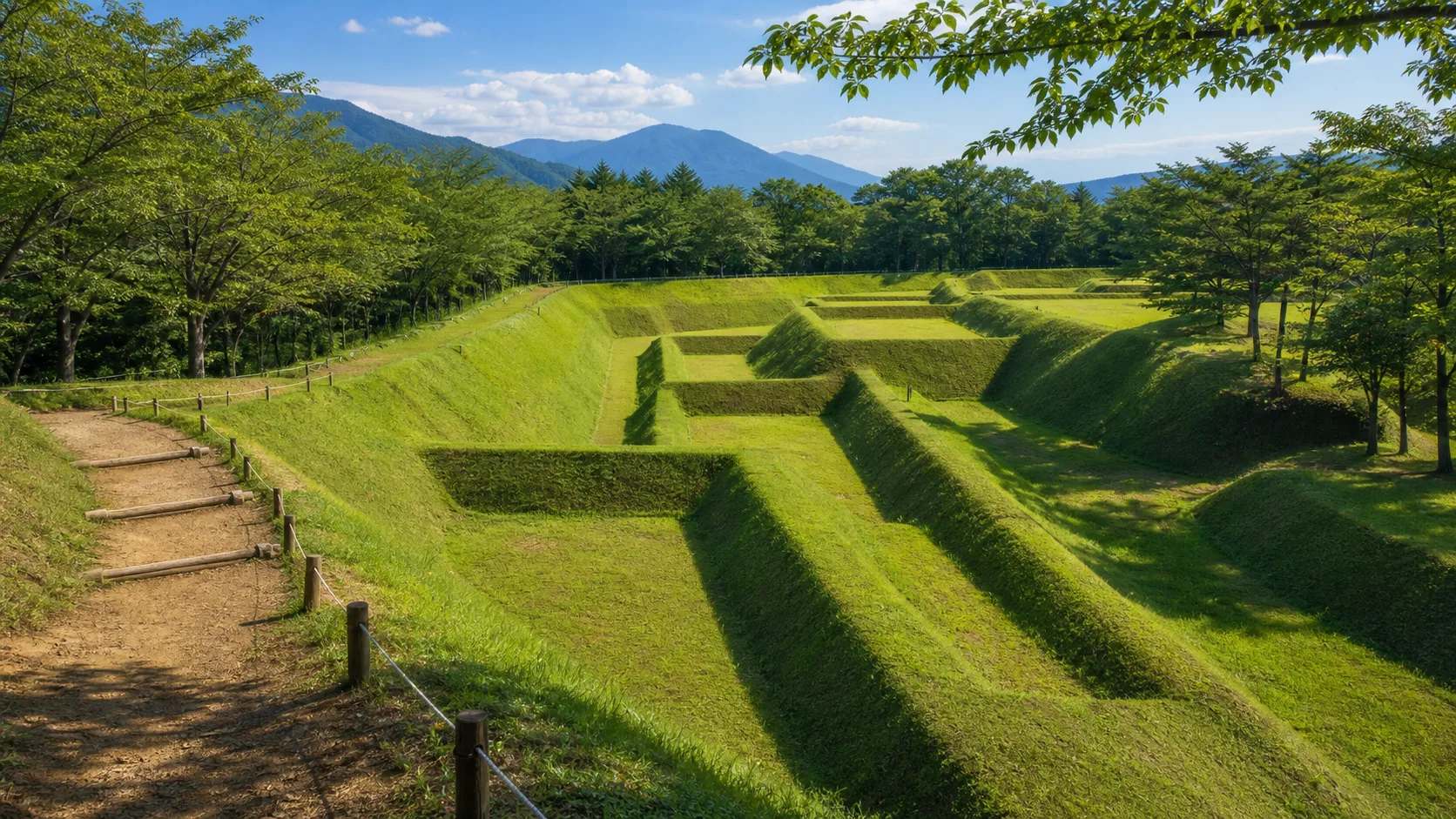 芝生の斜面に堀の形が浮かぶ山城跡のイメージ