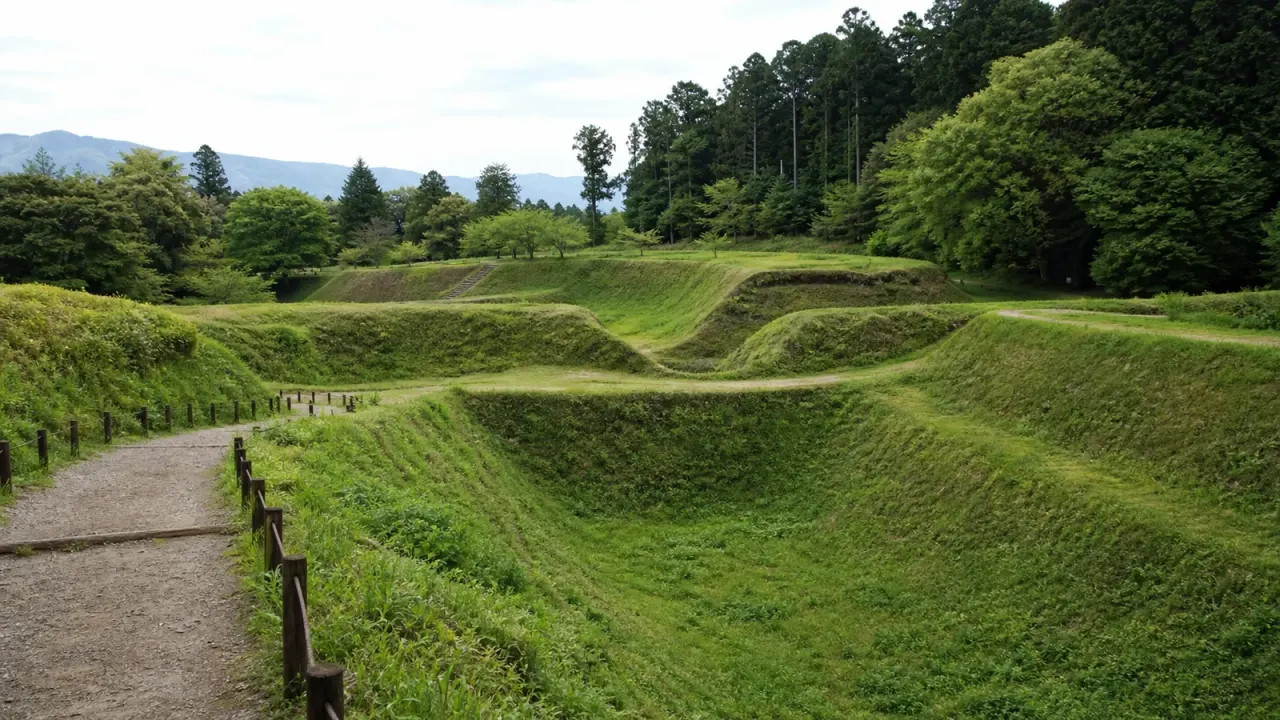 緑の山城跡に残る障子堀と曲輪をイメージした、山中城跡公園のカバー画像