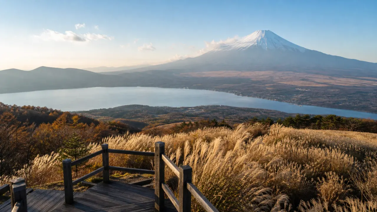 山中湖村の山中湖明神山パノラマ台で、富士山、山中湖、ススキの高台を短時間で味わう展望散歩を紹介。公式情報をもとに、アクセス、駐車場、冬季の注意点をまとめます。
