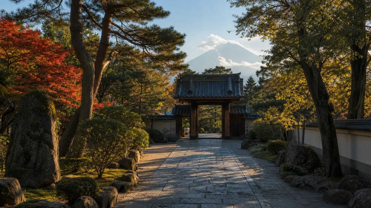木立に囲まれた寺院の参道と山並みをイメージしたカバー画像