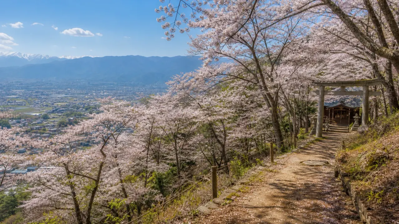 桜並木の山道と鳥居、甲府盆地と山並みを見下ろす中央市・山の神千本桜をイメージしたカバー画像