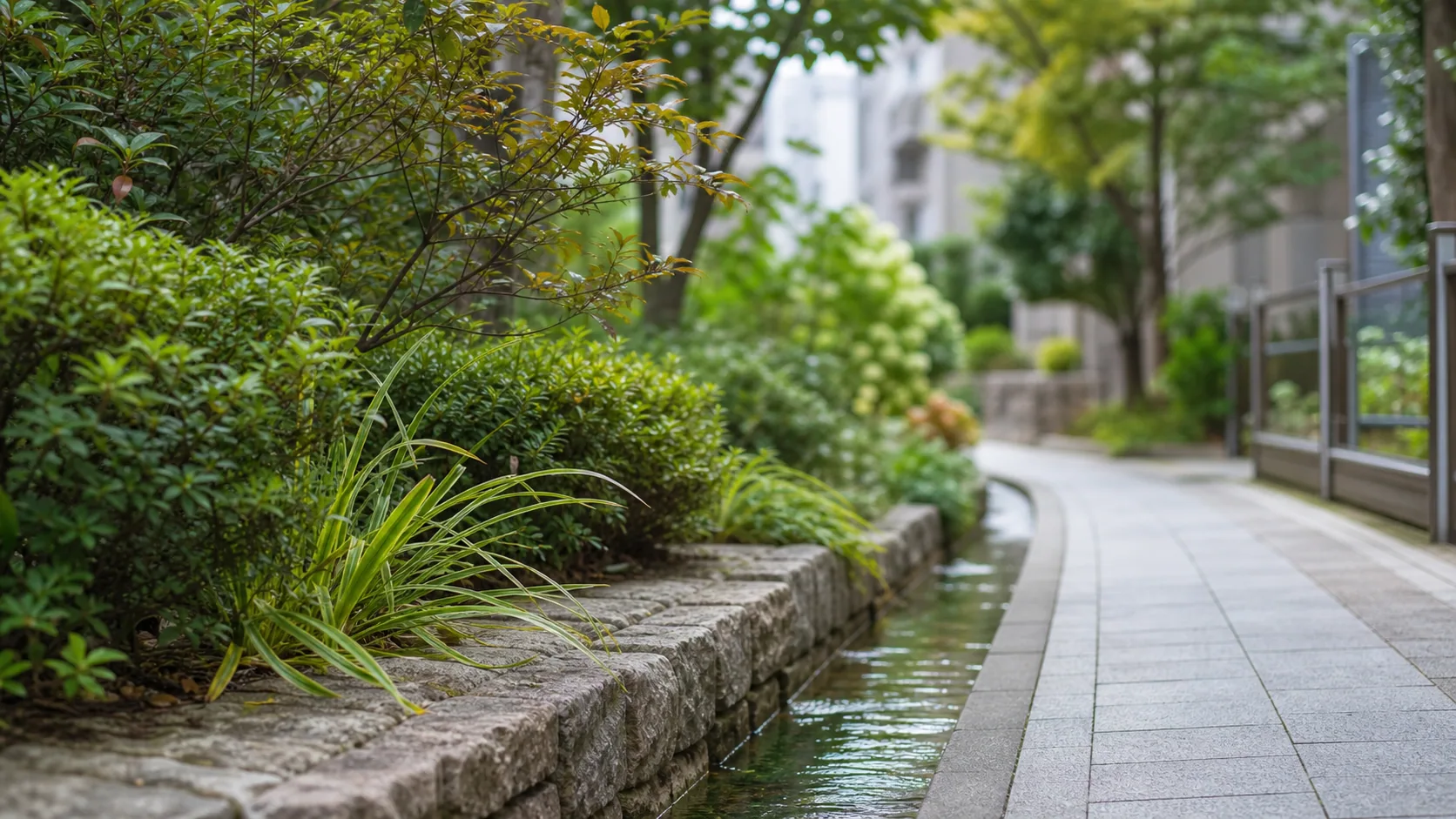都心の通路沿いにある植栽と水辺のイメージ