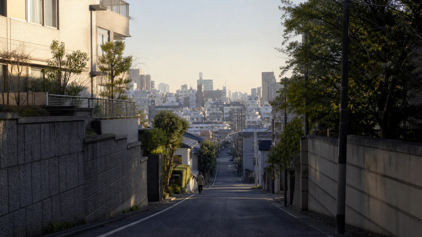 高台から低地へ下る住宅街のイメージ