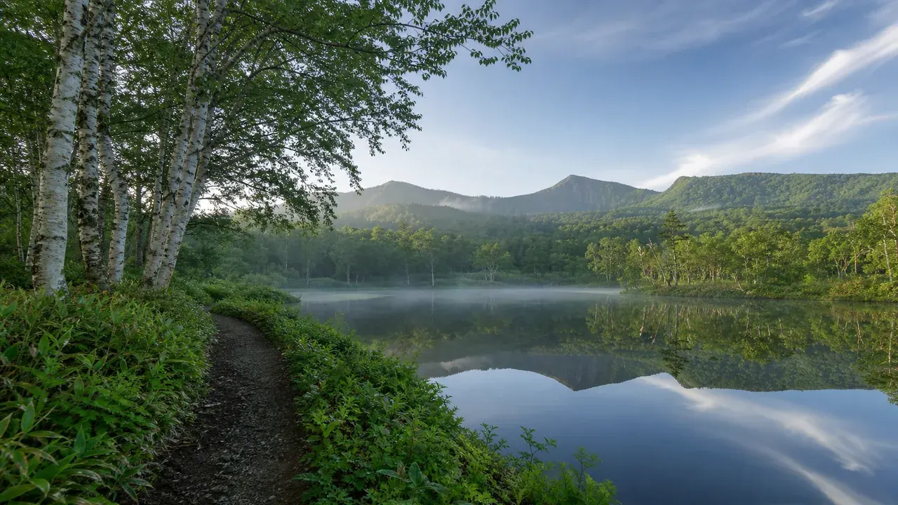 志賀高原の蓮池と白樺林を歩く高原湖畔の散歩イメージ
