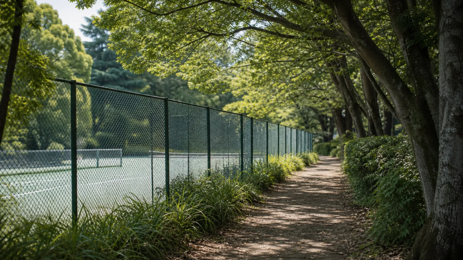 木立の園路とテニスコート脇の落ち着いた雰囲気のイメージ
