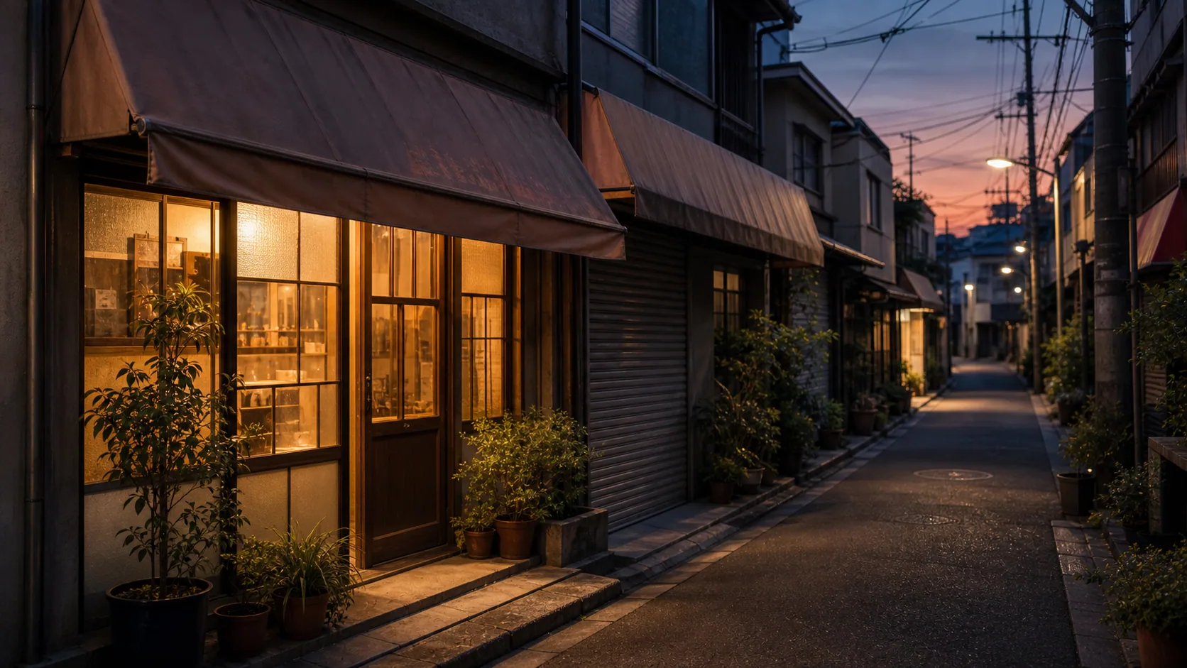 夕方のレトロな商店街を歩く場面のイメージ
