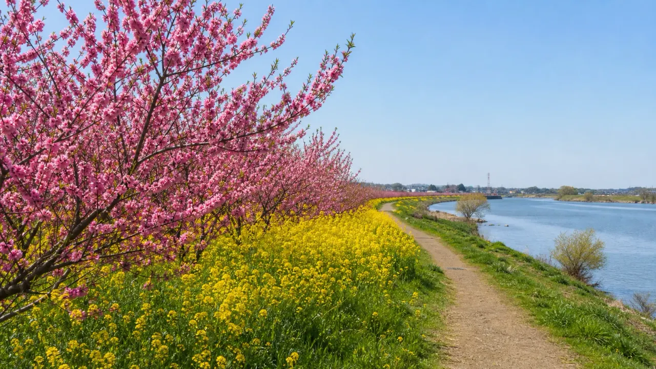 中川やしおフラワーパークを思わせる花桃と菜の花の河川敷