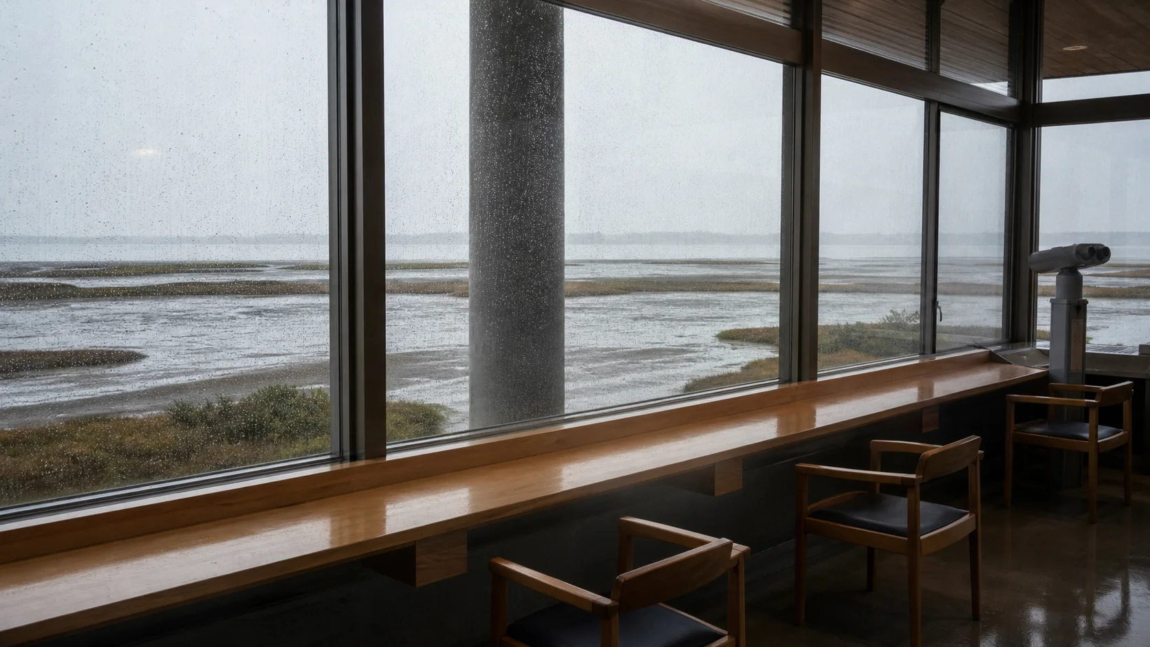雨の日に館内から干潟を眺めるイメージ