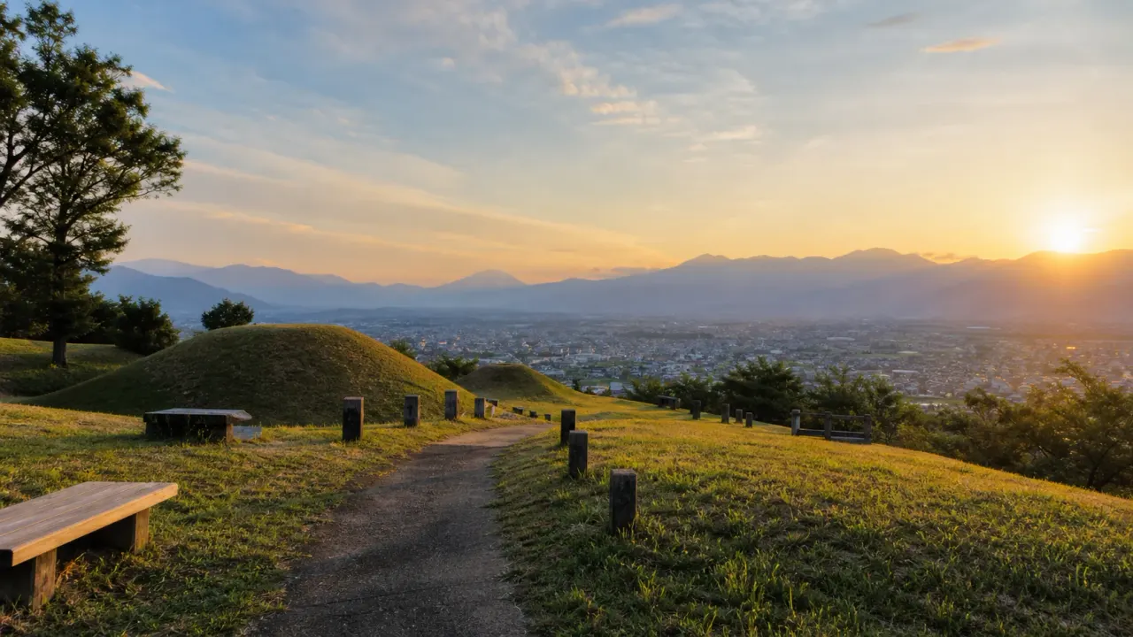 笛吹市の八代ふるさと公園で、古墳周辺の芝生と展望を楽しむ散歩を紹介。夕方に歩くときの見え方、坂道の負担調整、短時間の回り方をまとめます。