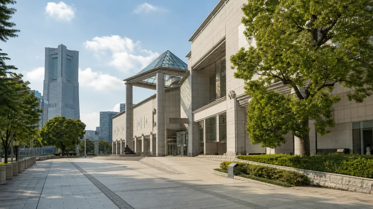 みなとみらいの広場に面した横浜美術館と明るい都市のアート散歩をイメージしたカバー画像