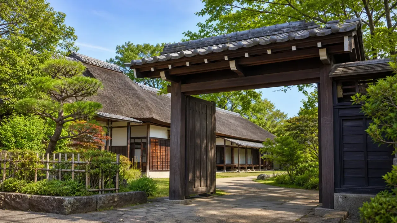 緑に囲まれた古い長屋門と茅葺き風の農家建築をイメージした、横溝屋敷のカバー画像