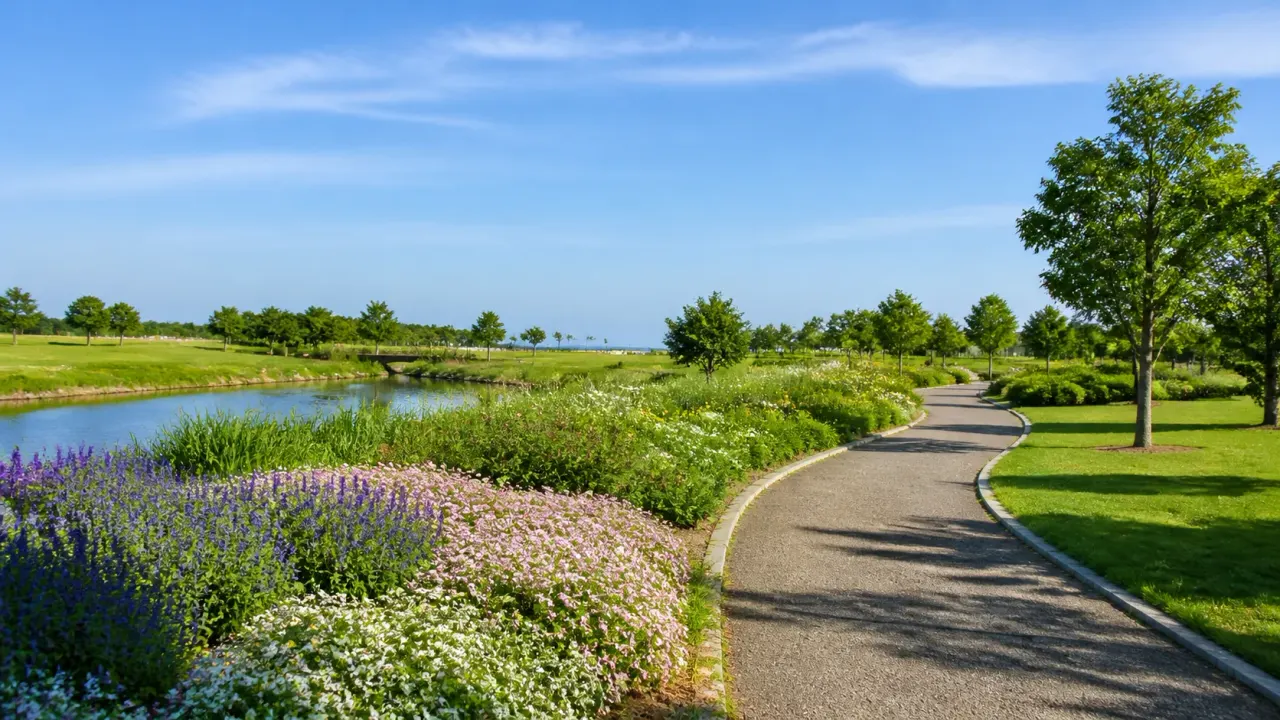 花の広場と芝生、低い木々の向こうに空が広がる吉田公園散歩のイメージ画像