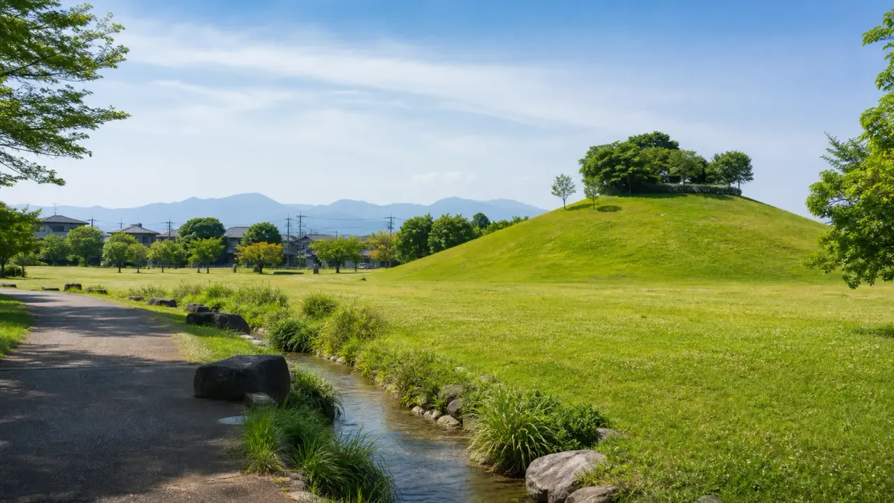 吉川市の永田公園を思わせる芝生広場、小さな築山、せせらぎのある公園風景をイメージしたカバー画像