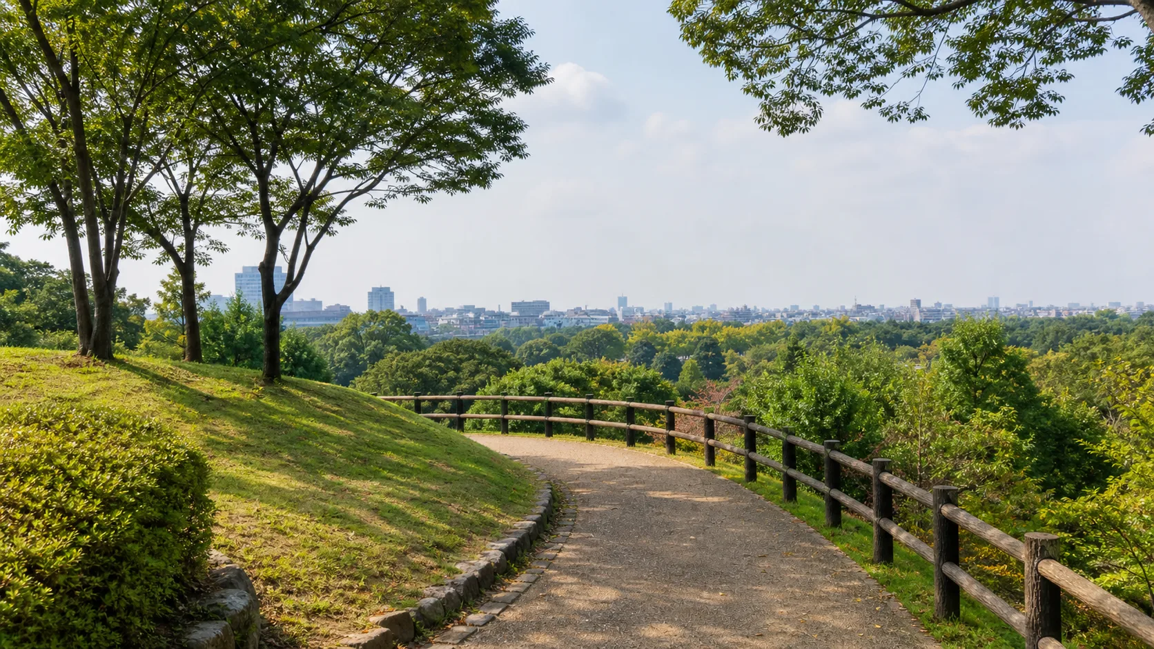 少し高い園路から公園の広がりを見る補助画像