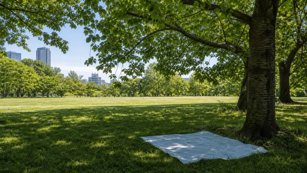 初夏の代々木公園を思わせる芝生と木陰に敷かれた控えめなレジャーシート